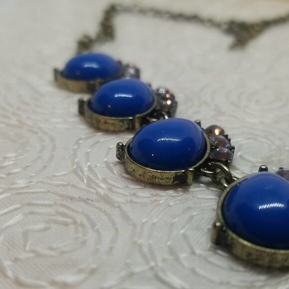 J.Crew Blue Necklace Oval Drop Rhinestone Link Station Statement Antique Gold - Picture 3 of 9